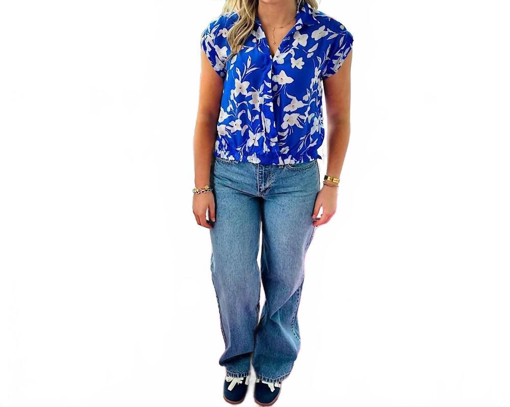 NEW APNY button down cuffs top in blue multi